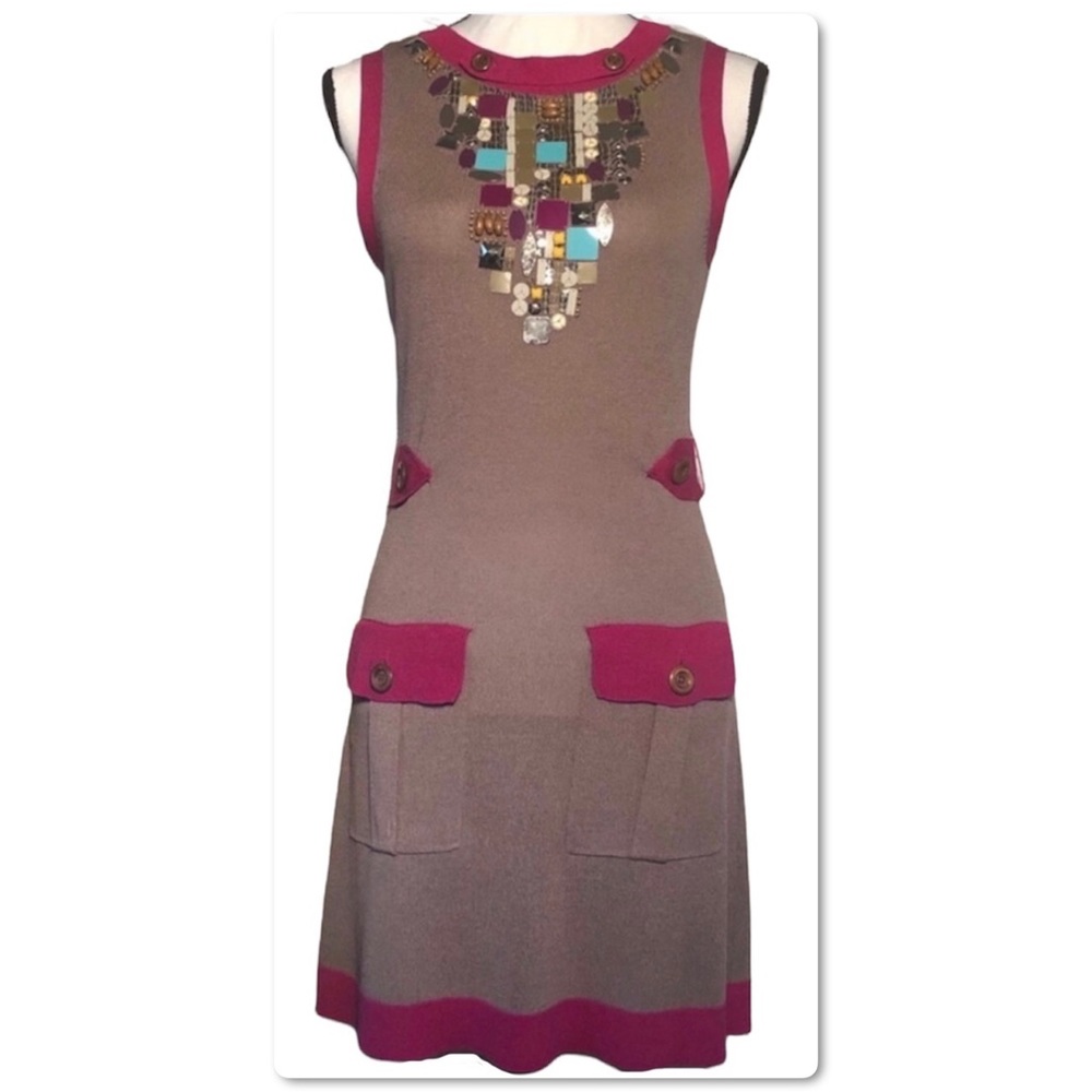 Nanette Lepore Dress Sleeveless Beaded Brown Knit Size S Small